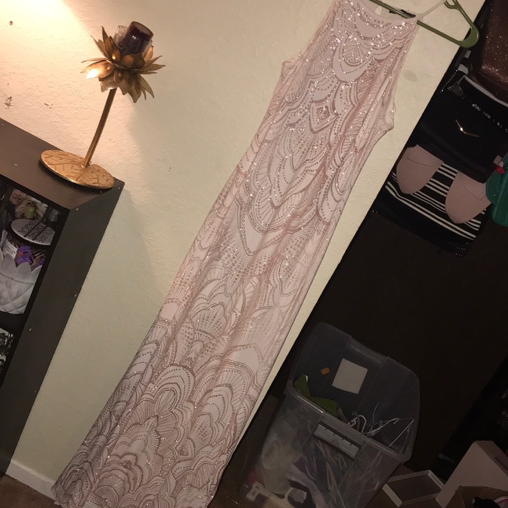 White and rose gold long evening dress